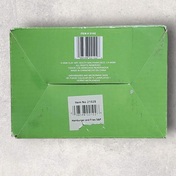 Vintage Clay Art Burger & Fries Salt & Pepper Shakers Set NOS Box Retro Kitchen - Picture 10 of 11